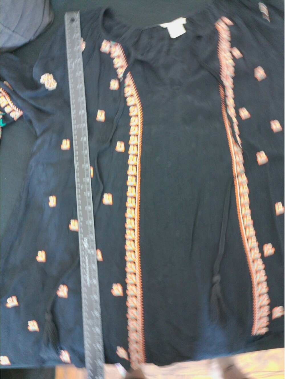 Sundance Womens Embroidered Tunic Blouse Size L Black Boho Peasant Tassel Tie - Picture 6 of 9